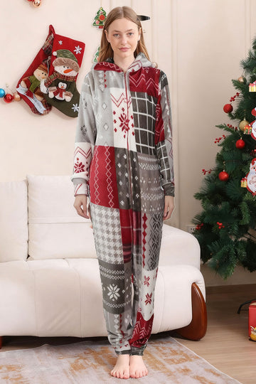 Pyjama familial assorti imprimé flocon de neige gris rouge